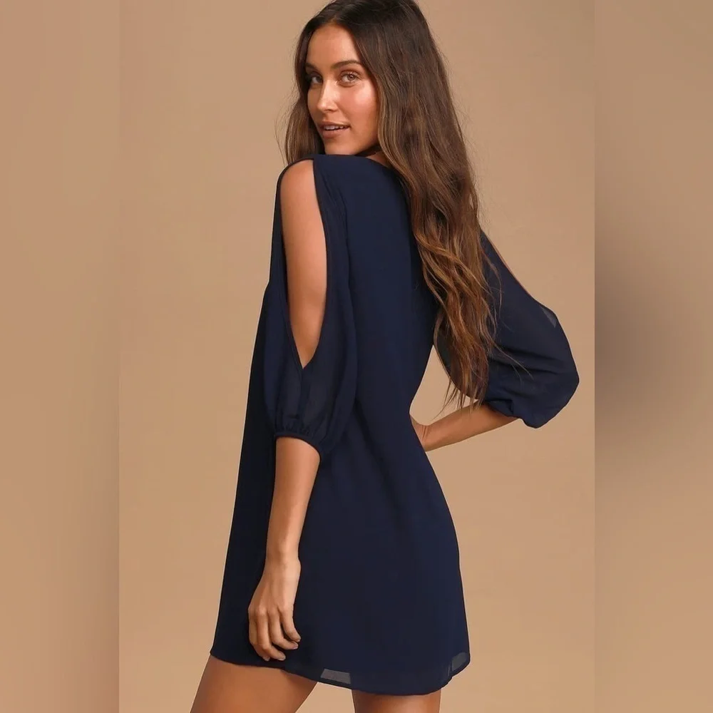 NWT Lulu’s | Shifting Dears Long Sleeve Dress Navy Blue XS - Picture 2 of 11